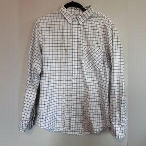 100% Cotton Men's White Button-Down Shirt with Navy Grid Pattern